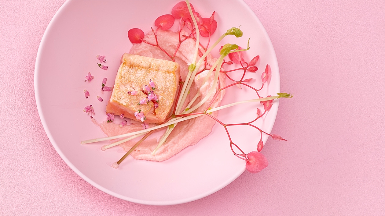 Sautierter Lachs mit Kohlrabi-Apfel-Rosen Crème –  